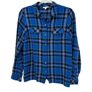 J. Jill Womens Blue Plaid Flannel Button Down Shirt Long Sleeve Size S Pockets